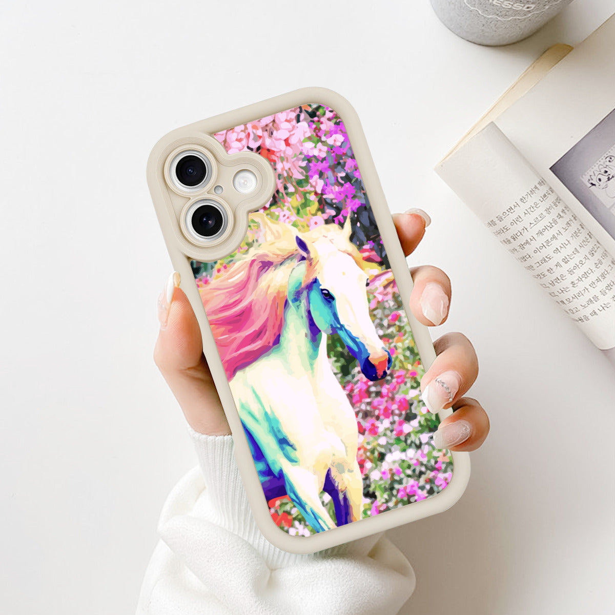 White Horse with Floral Background iPhone 16 Mobile Phone Case