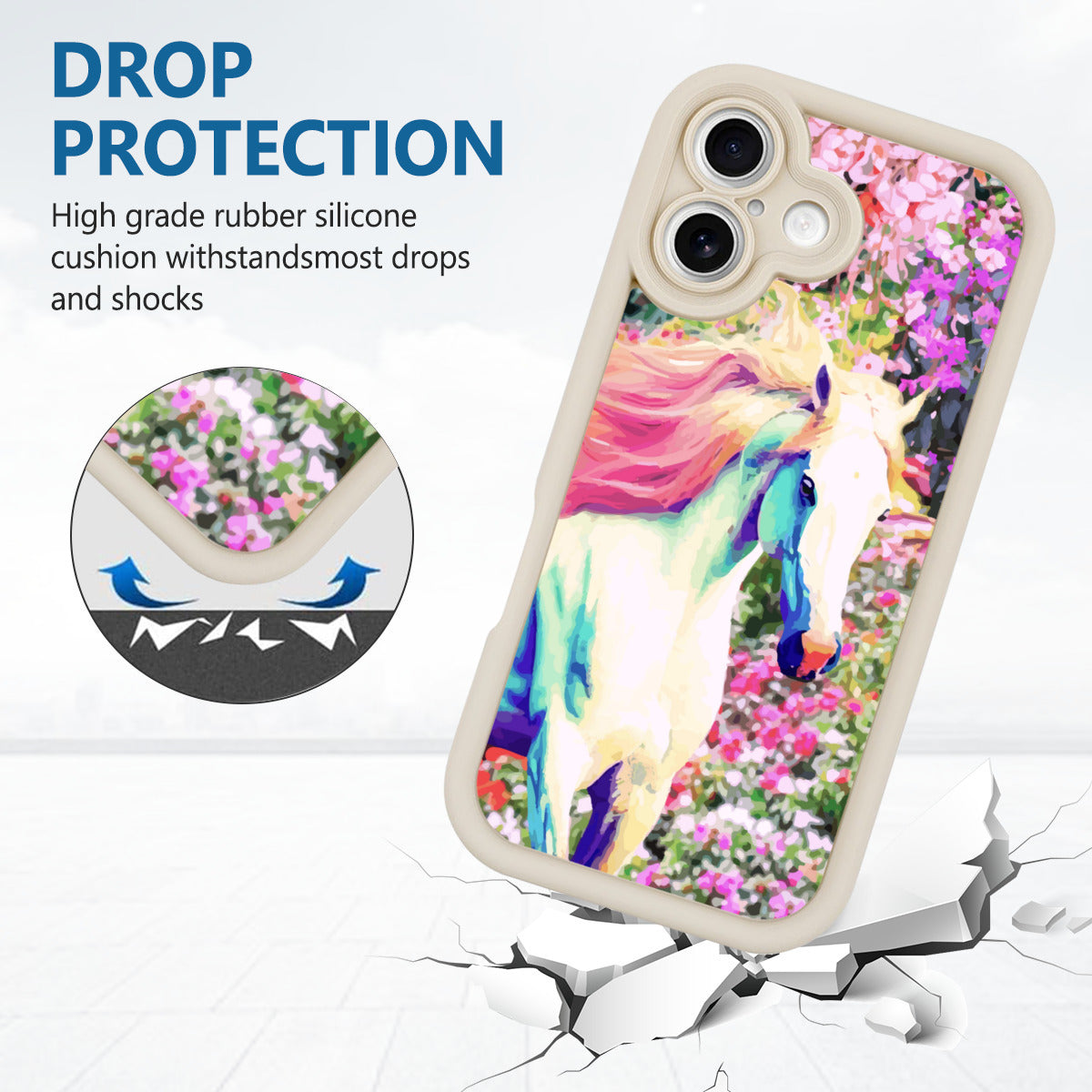 White Horse with Floral Background iPhone 16 Mobile Phone Case