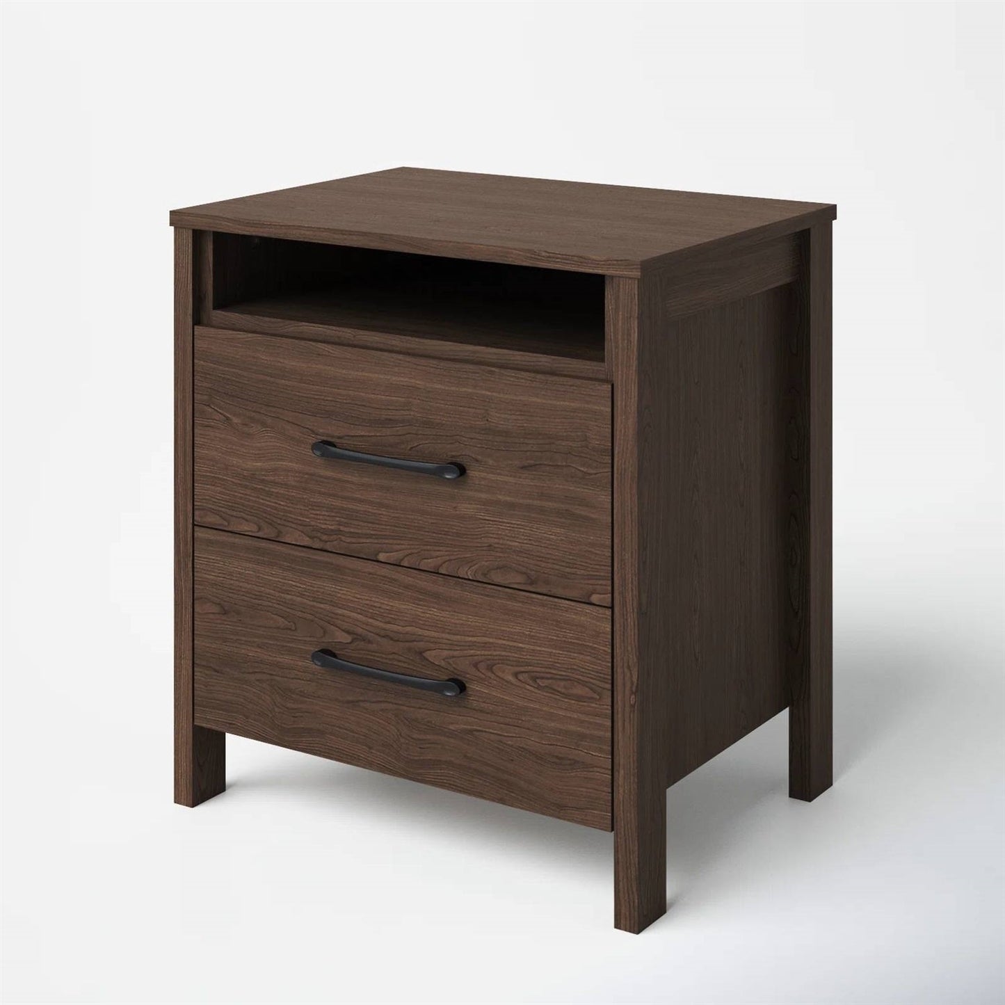 Mesita de Noche Moderna de 2 Cajones con Acabado de Madera de Nogal Marrón