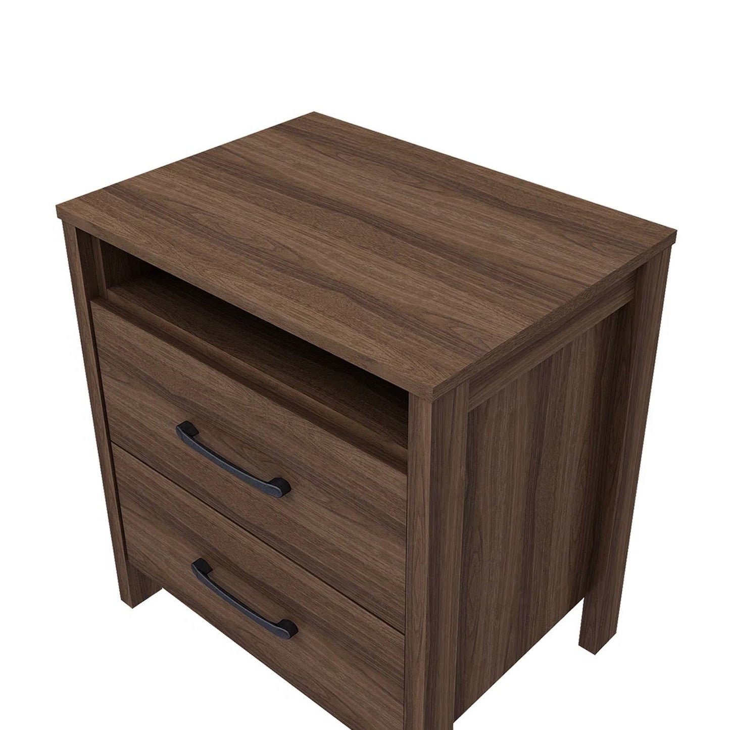 Mesita de Noche Moderna de 2 Cajones con Acabado de Madera de Nogal Marrón