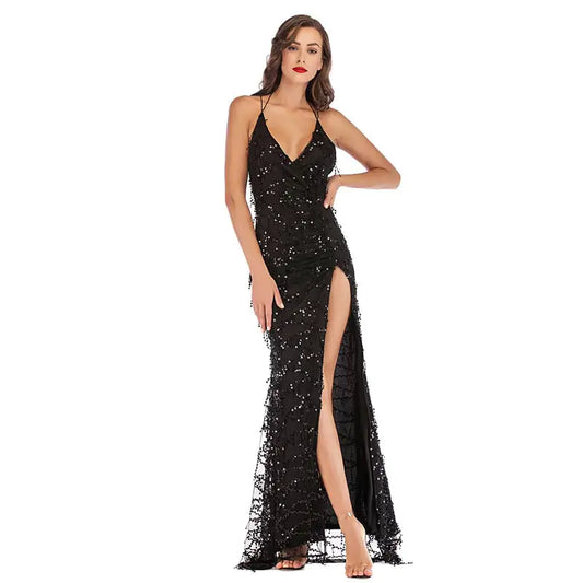 Vestido halter de corte alto con flecos para mujer