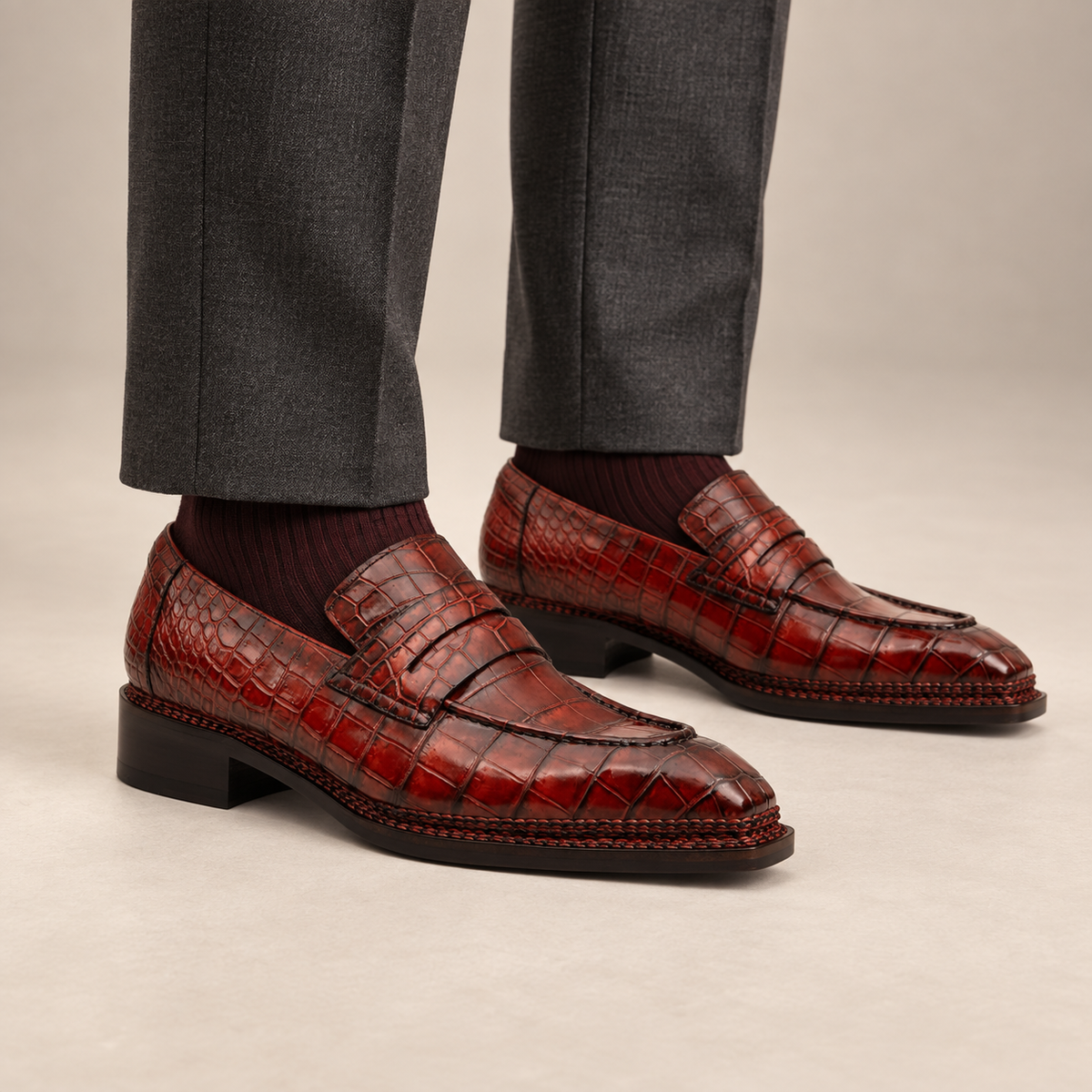Red Apron-Toe Crocodile Leather Loafers