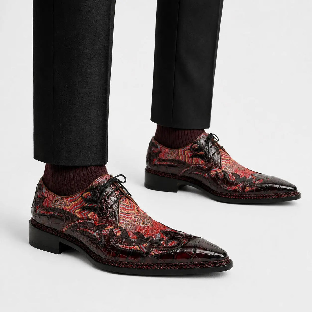 Red Square-Toe Crocodile Leather Oxford Shoes