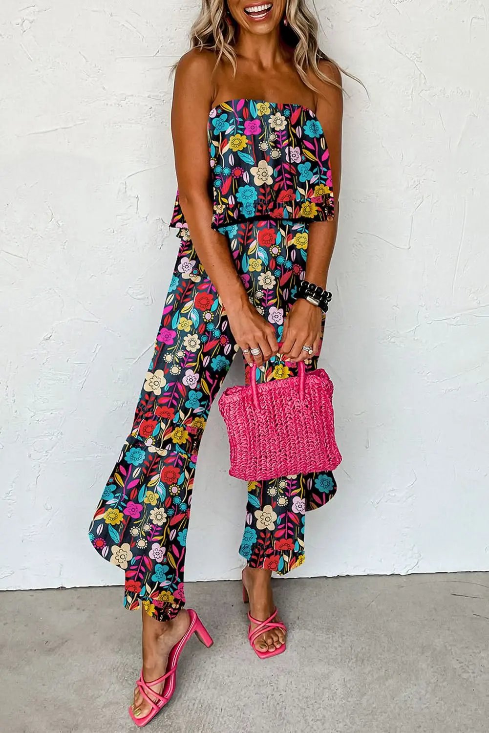Pants Love Salve Red Tropical Jumpsuit Women's Summer Daily Strapless Ruffled Wide Leg