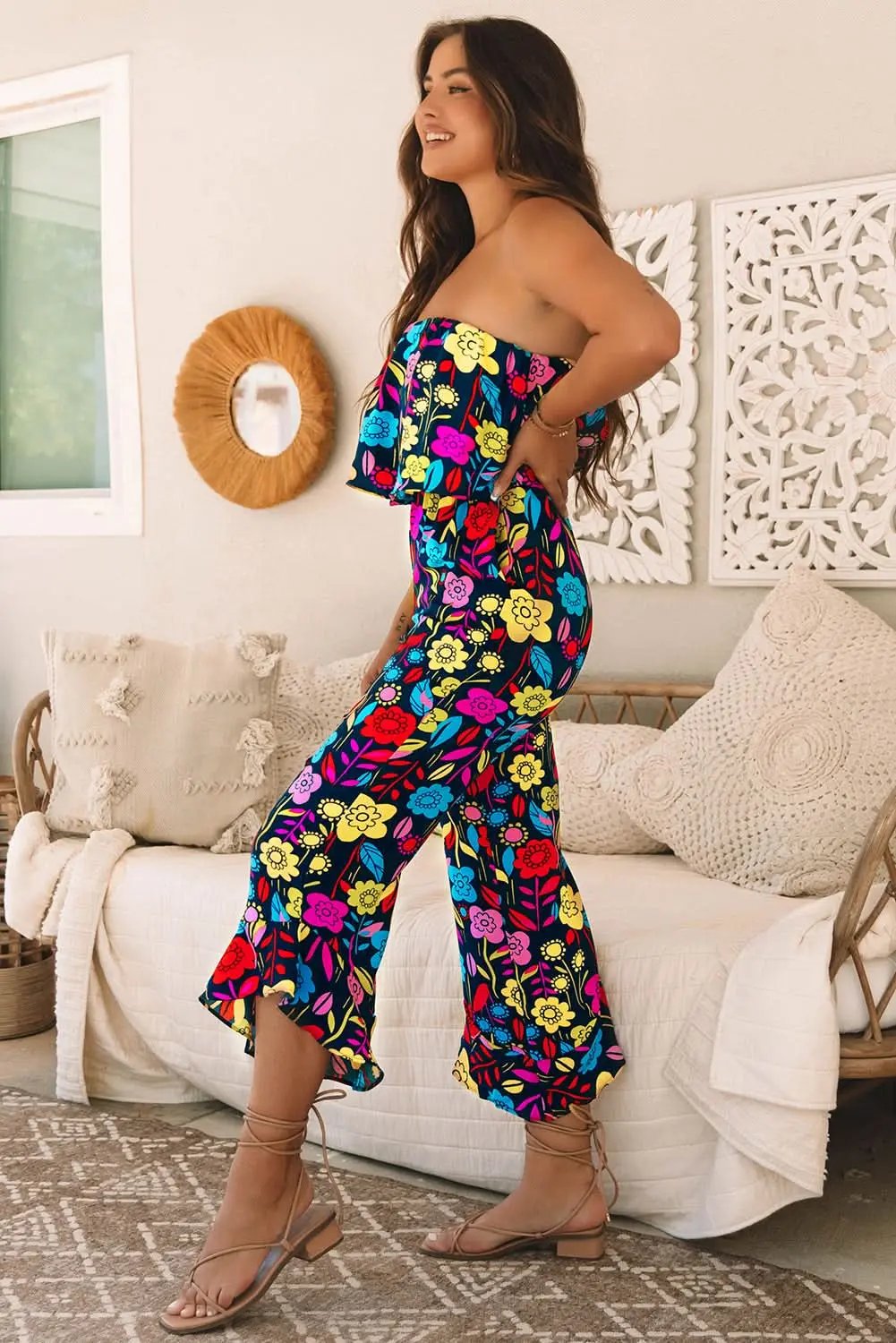 Pants Love Salve Red Tropical Jumpsuit Women's Summer Daily Strapless Ruffled Wide Leg