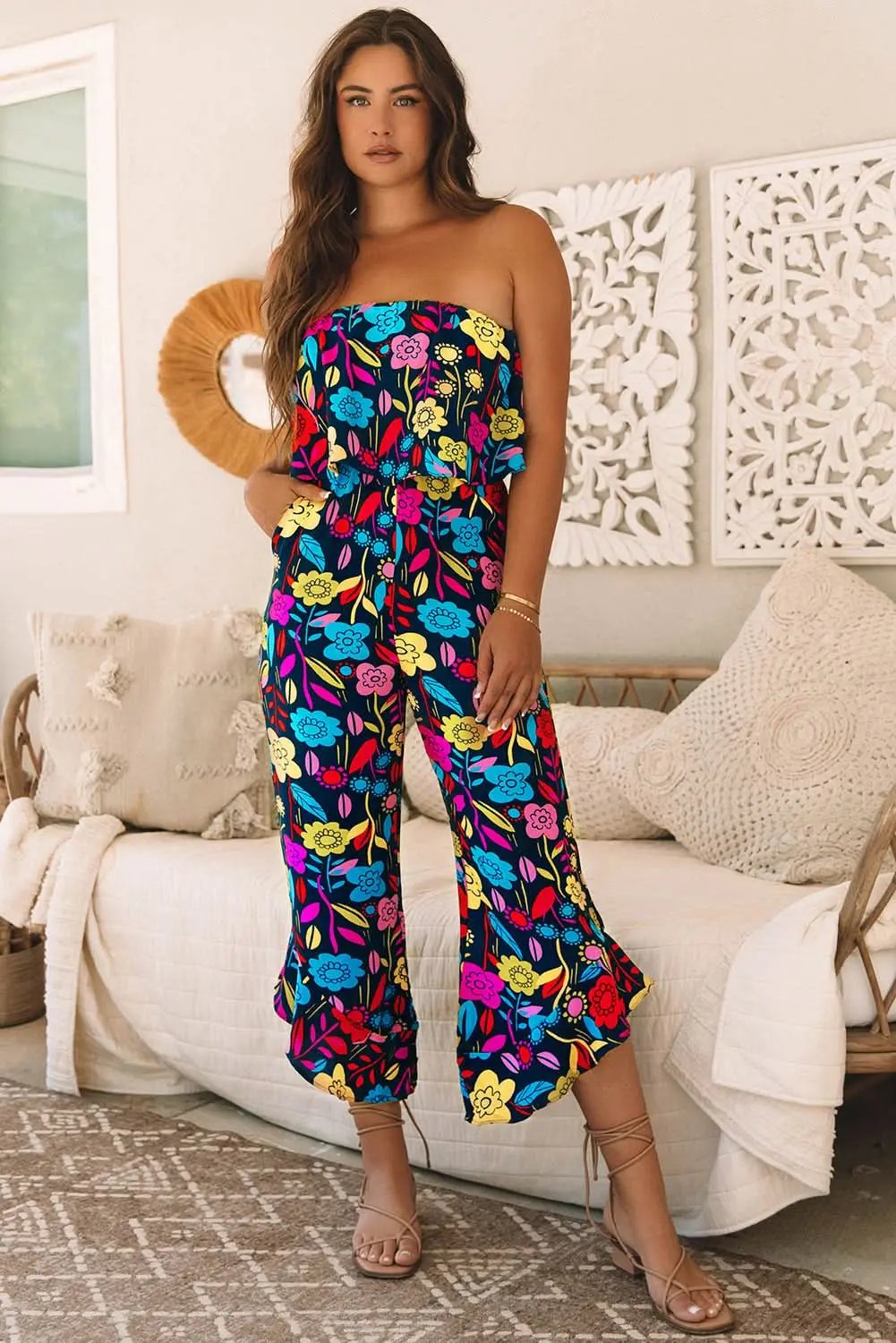 Pants Love Salve Red Tropical Jumpsuit Women's Summer Daily Strapless Ruffled Wide Leg