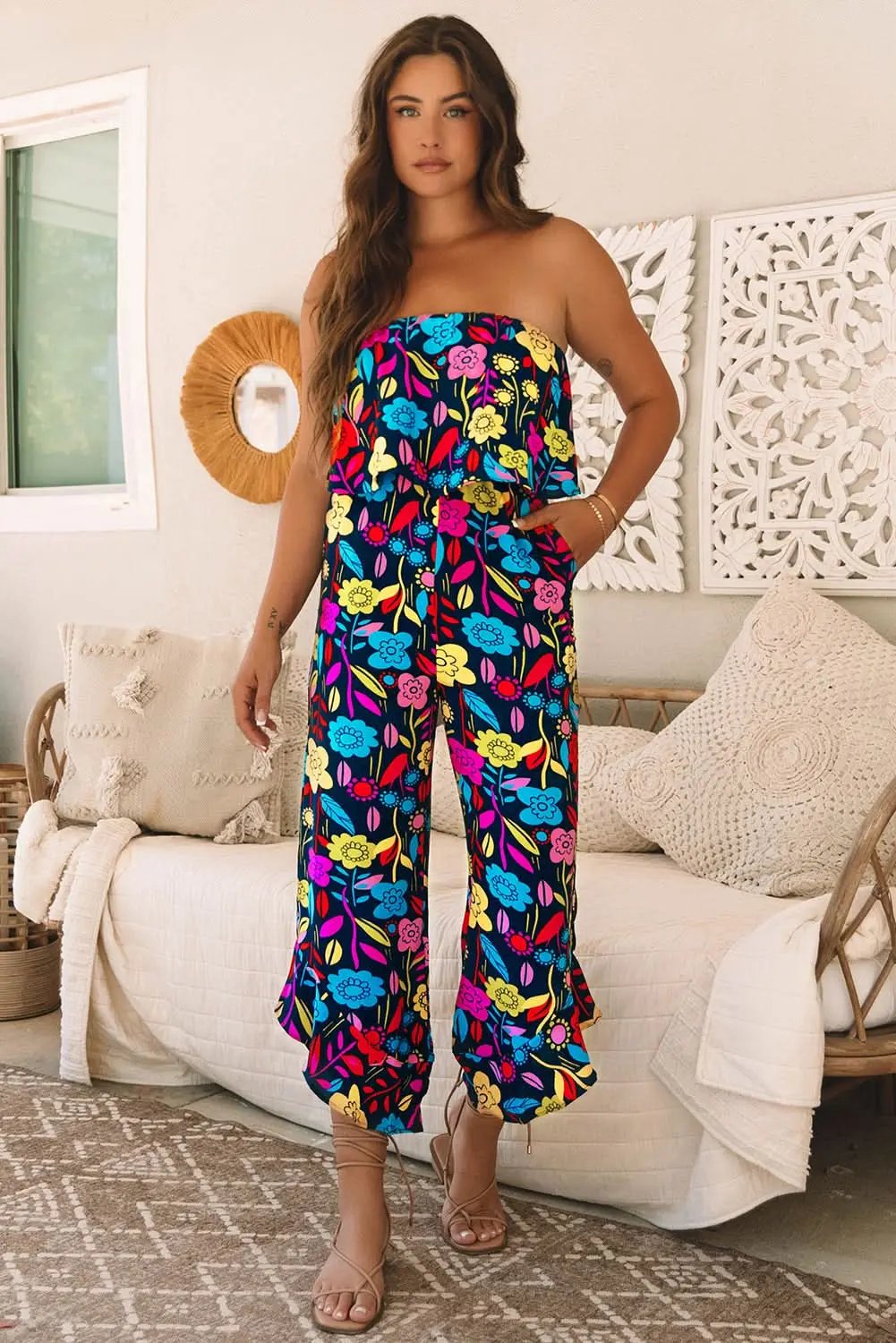Pants Love Salve Red Tropical Jumpsuit Women's Summer Daily Strapless Ruffled Wide Leg