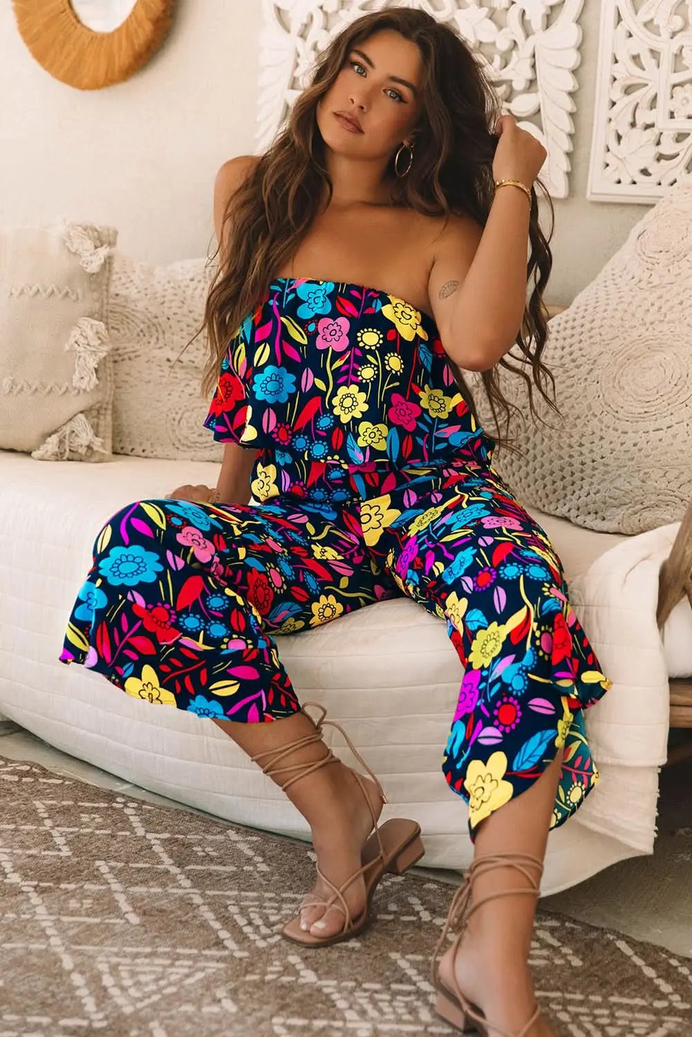 Pants Love Salve Red Tropical Jumpsuit Women's Summer Daily Strapless Ruffled Wide Leg