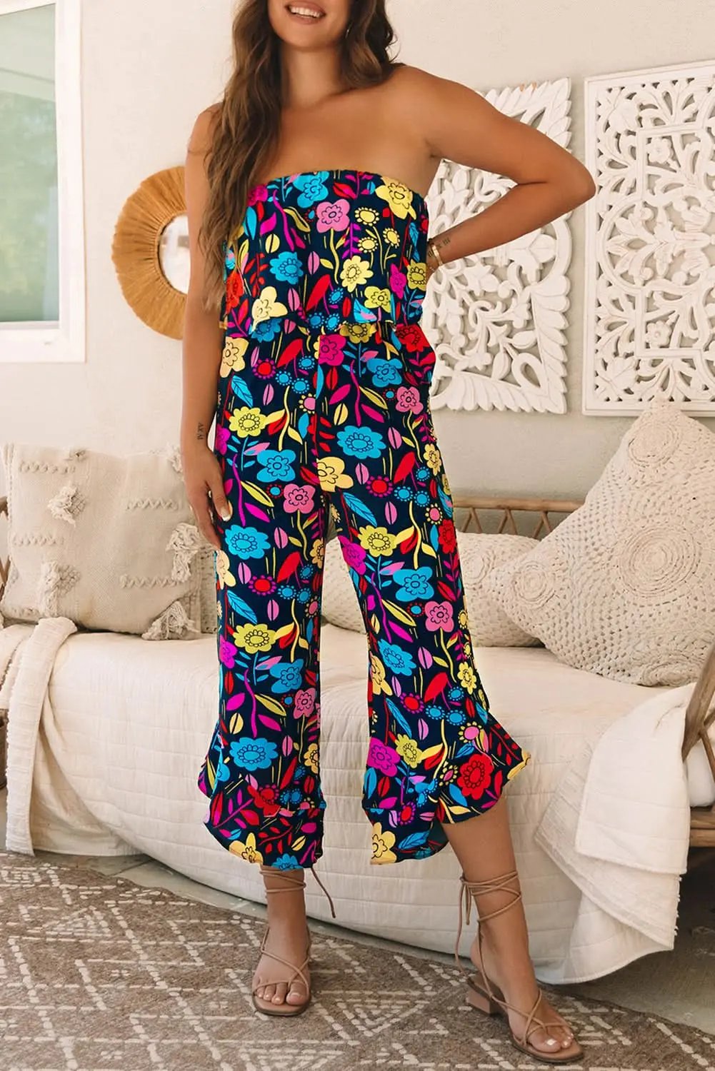 Pants Love Salve Red Tropical Jumpsuit Women's Summer Daily Strapless Ruffled Wide Leg