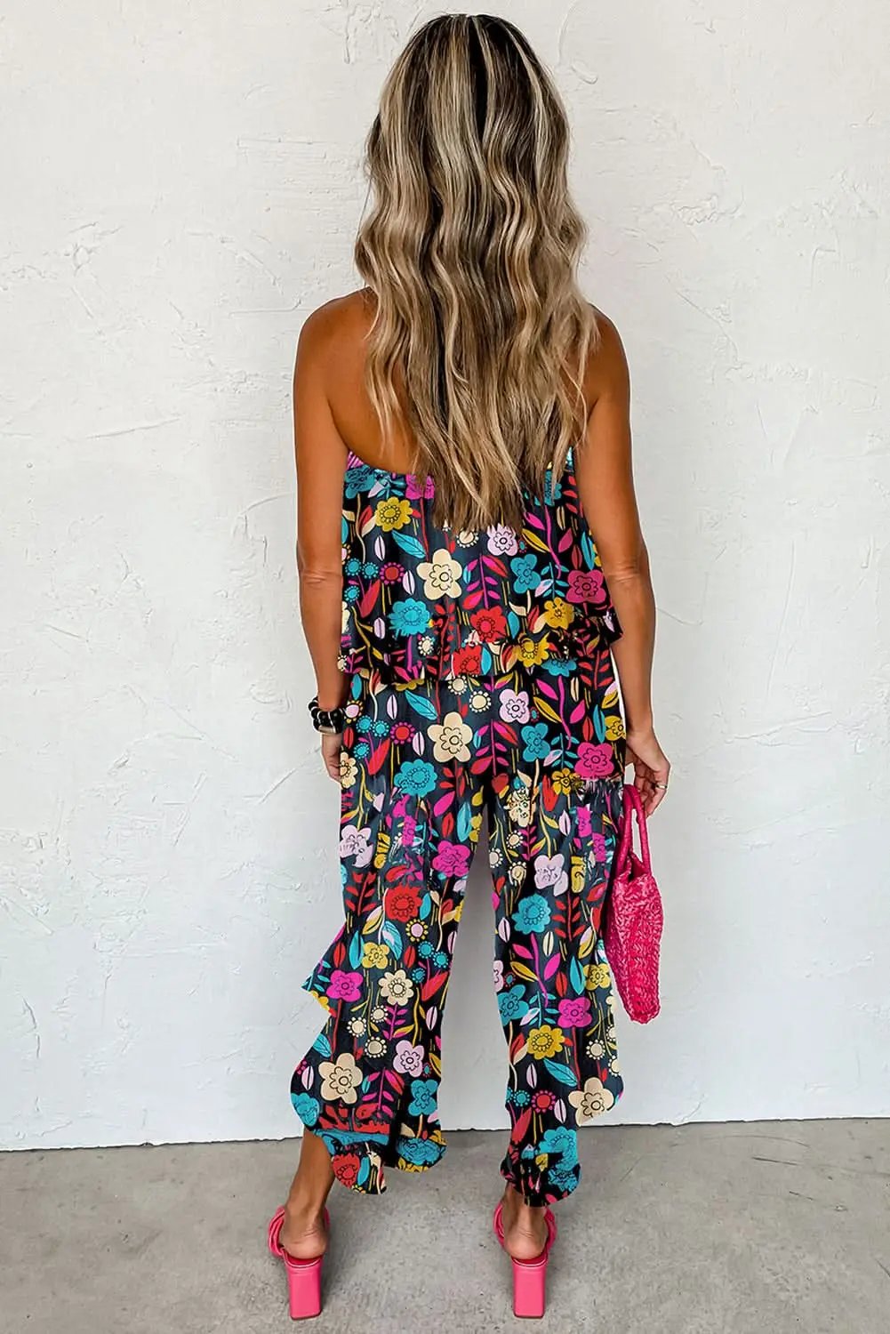 Pants Love Salve Red Tropical Jumpsuit Women's Summer Daily Strapless Ruffled Wide Leg