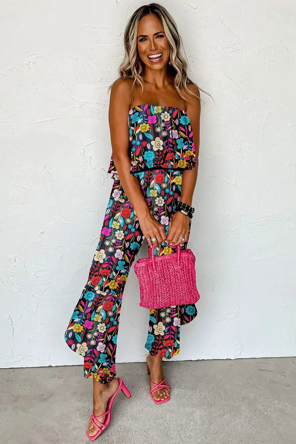 Pants Love Salve Red Tropical Jumpsuit Women's Summer Daily Strapless Ruffled Wide Leg