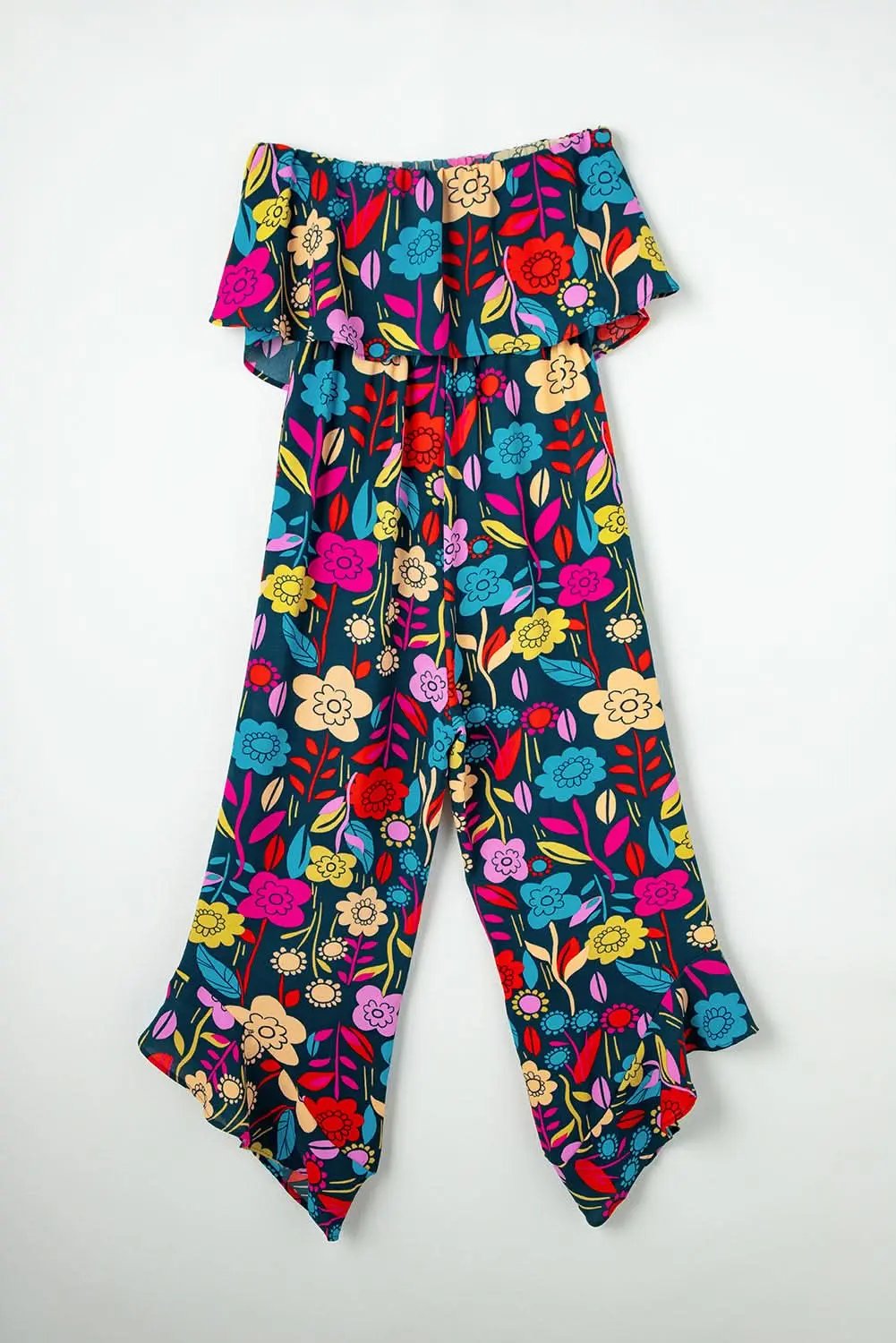 Pants Love Salve Red Tropical Jumpsuit Women's Summer Daily Strapless Ruffled Wide Leg