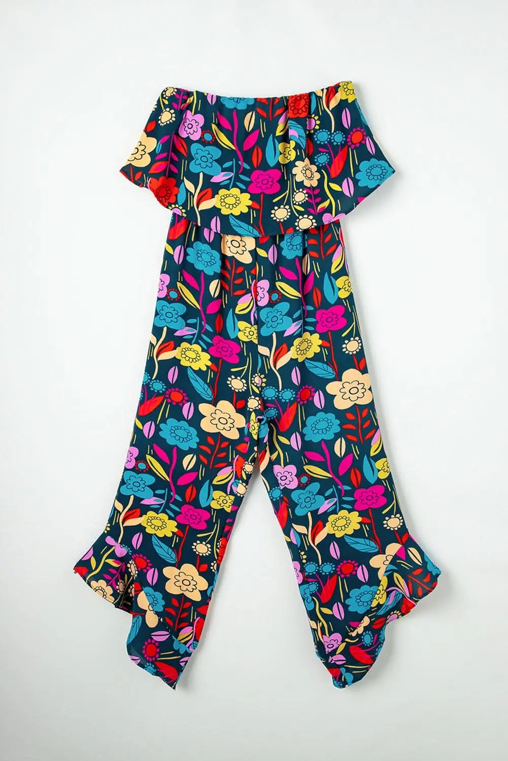 Pants Love Salve Red Tropical Jumpsuit Women's Summer Daily Strapless Ruffled Wide Leg