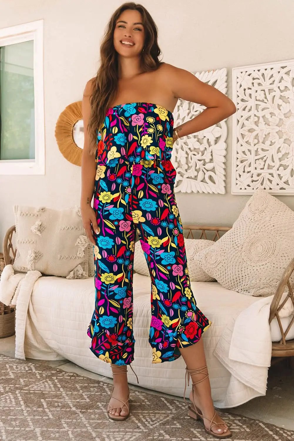 Pants Love Salve Red Tropical Jumpsuit Women's Summer Daily Strapless Ruffled Wide Leg