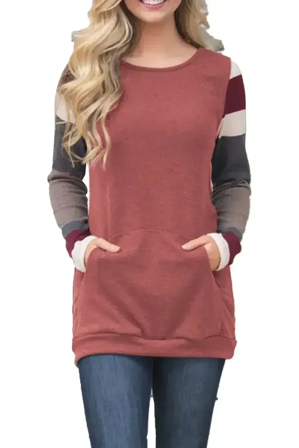 Red Multicolor Stripes Sleeve Pullover Sweatshirt