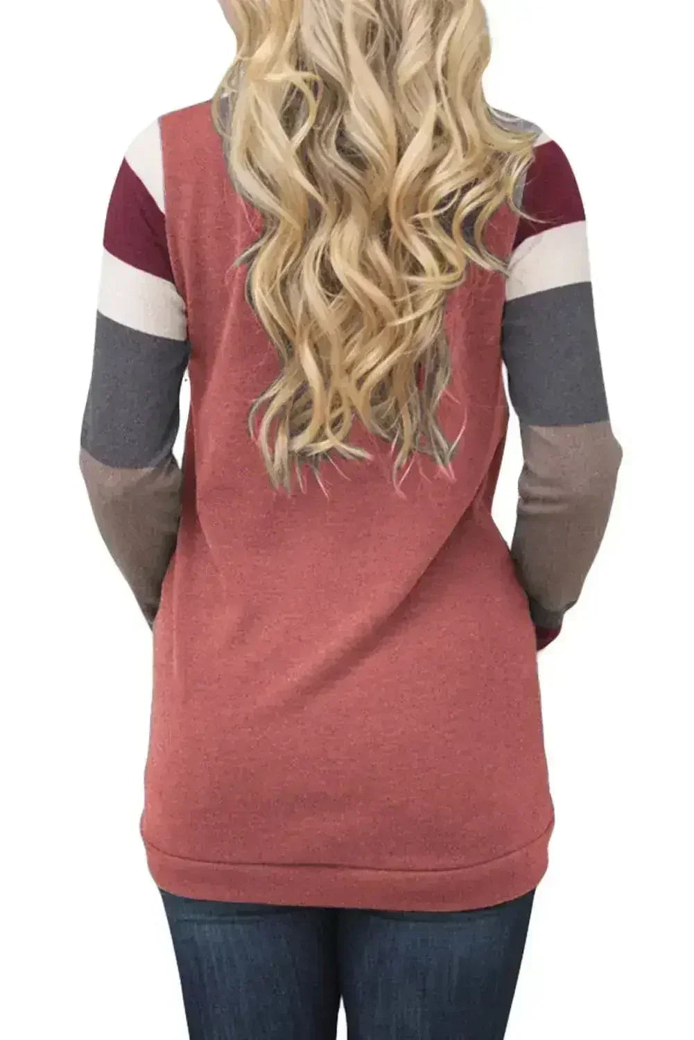 Red Multicolor Stripes Sleeve Pullover Sweatshirt
