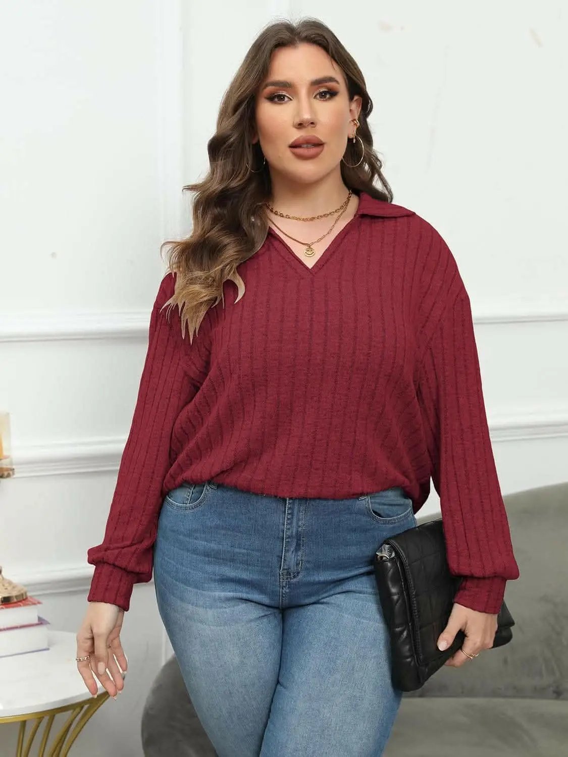 Trendsi Ribbed Collared Top Women's Plus Size Casual Tee Comfort Fit