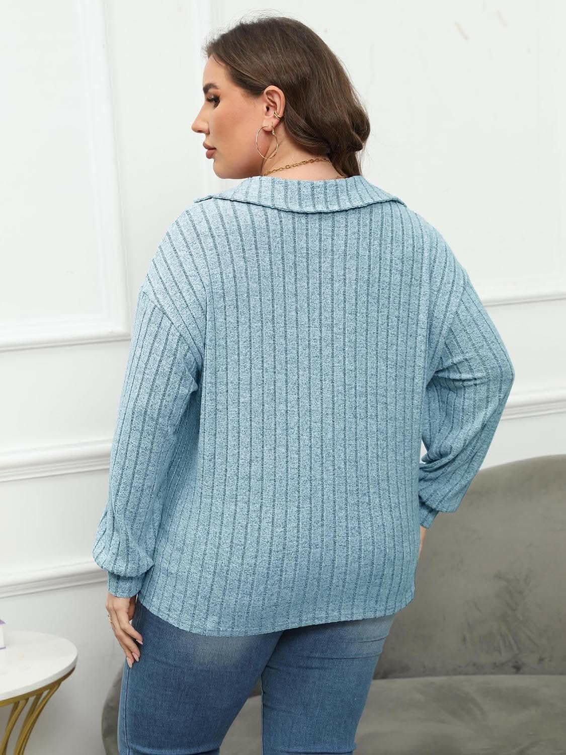 Trendsi Ribbed Collared Top Women's Plus Size Casual Tee Comfort Fit