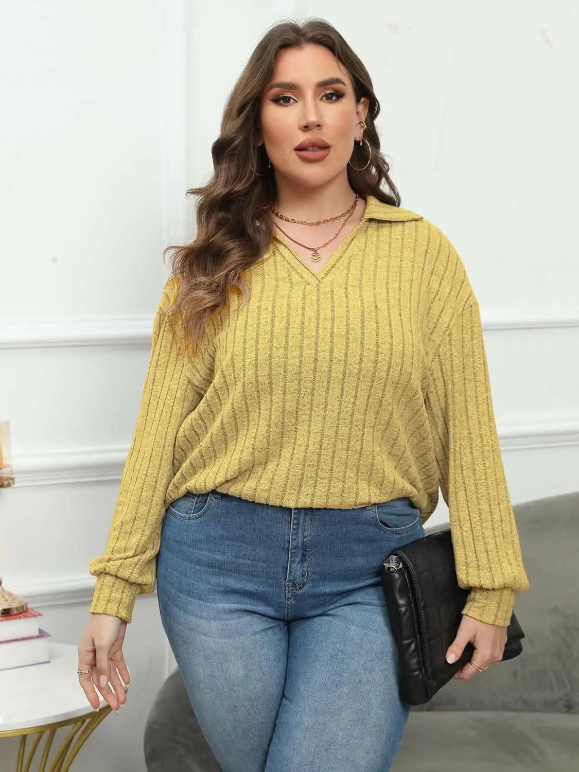 Trendsi Ribbed Collared Top Women's Plus Size Casual Tee Comfort Fit