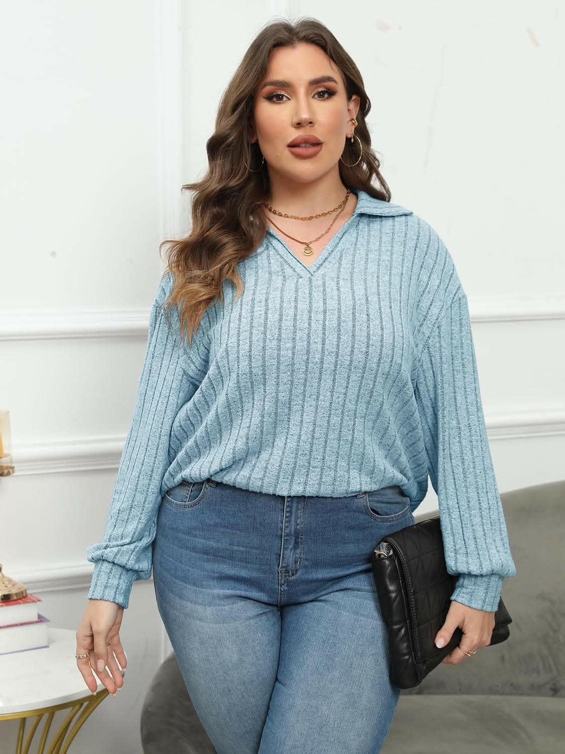 Trendsi Ribbed Collared Top Women's Plus Size Casual Tee Comfort Fit