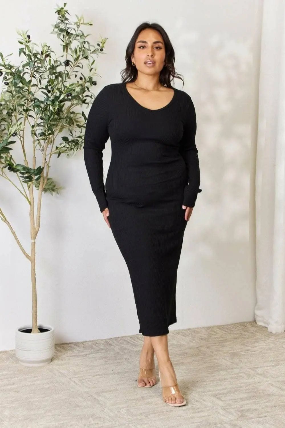 Trendsi Ribbed Midi Dress With Slit — Bodycon Elegance