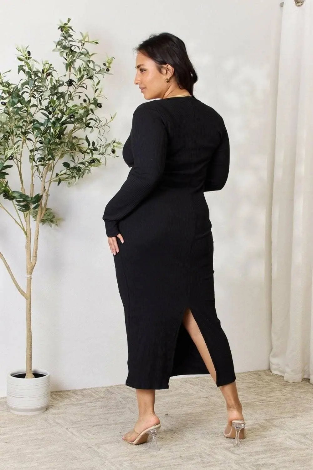Trendsi Ribbed Midi Dress With Slit — Bodycon Elegance