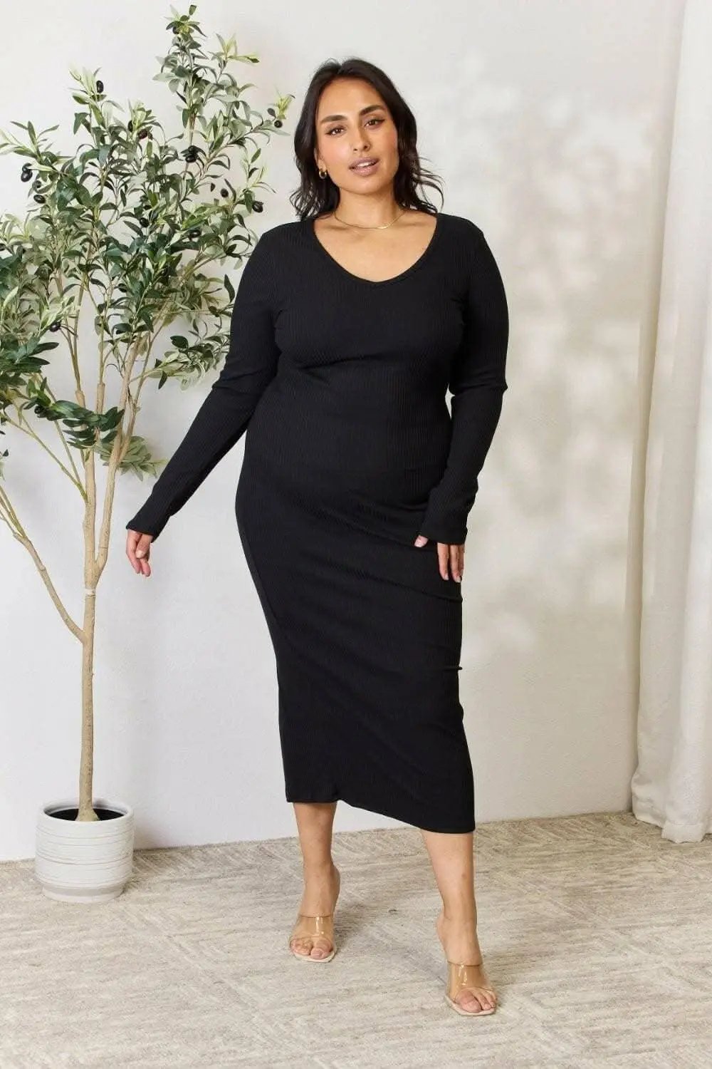 Trendsi Ribbed Midi Dress With Slit — Bodycon Elegance