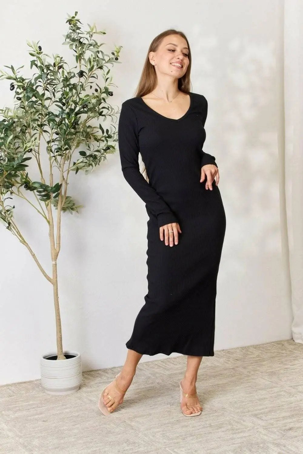 Trendsi Ribbed Midi Dress With Slit — Bodycon Elegance