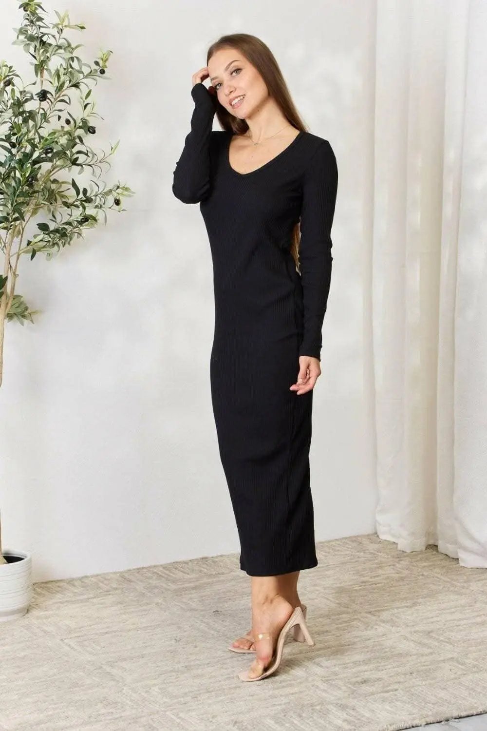 Trendsi Ribbed Midi Dress With Slit — Bodycon Elegance