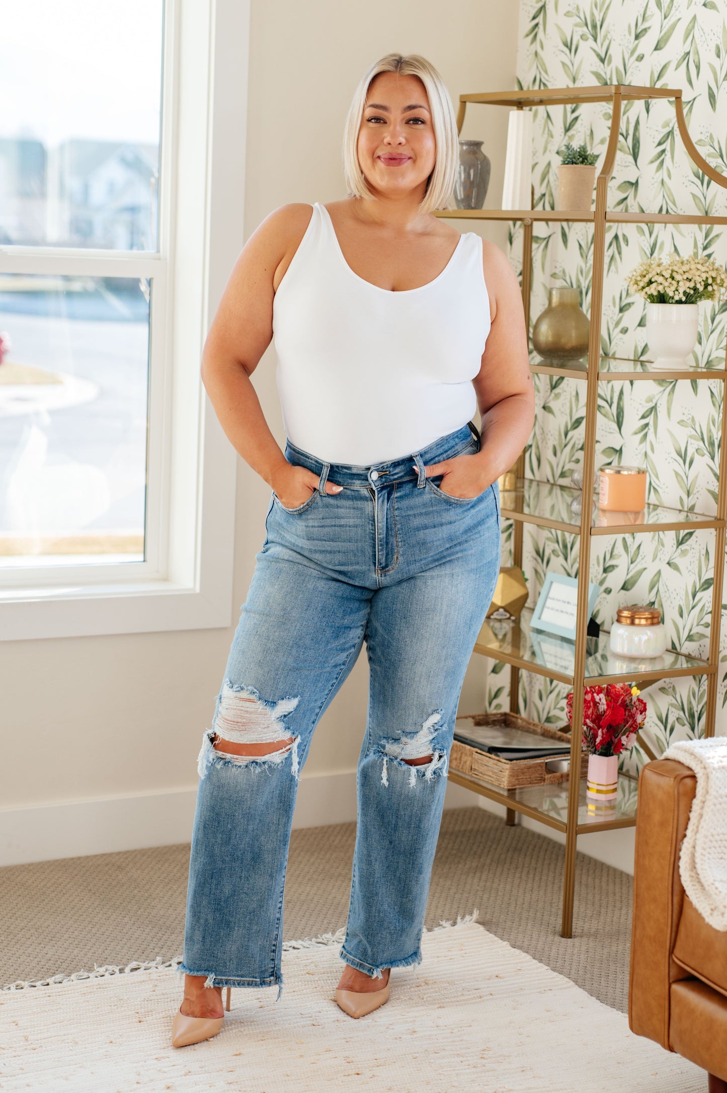 Jeans rectos tiro alto Rose estilo años 90 en lavado claro