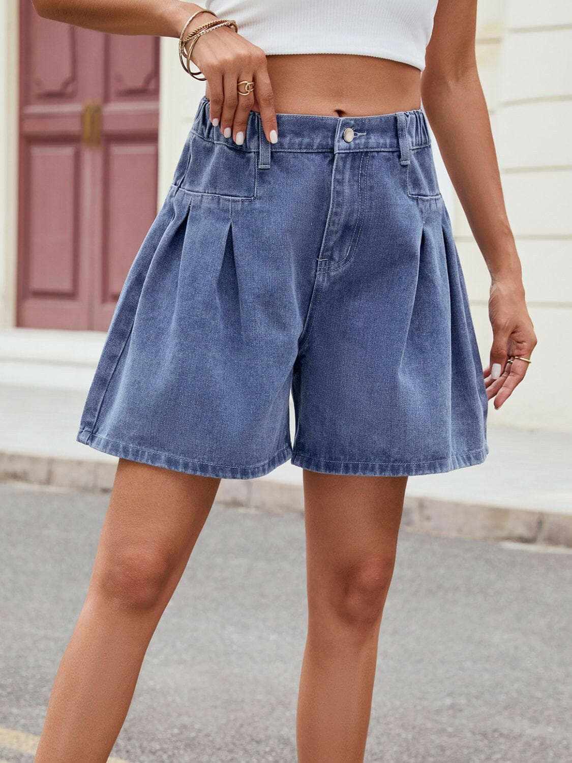Trendsi Denim Shorts Ruched Elastic Waist — Casual Summer Style