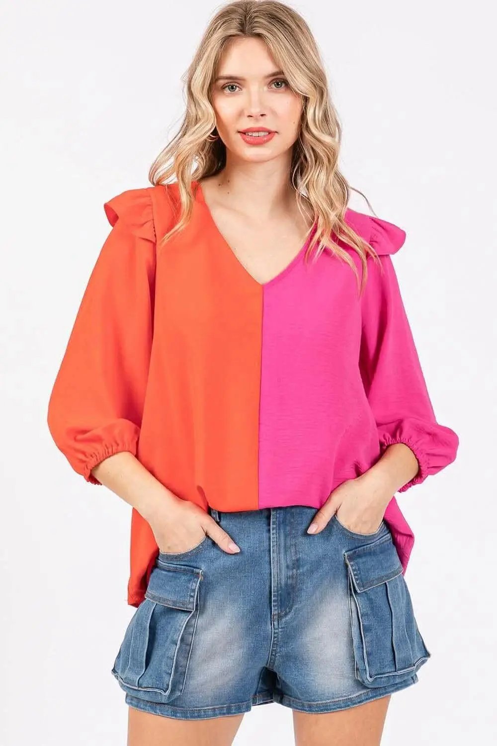 T-Shirts Trendsi usa - Ruffle Elegance Contrast Blouse