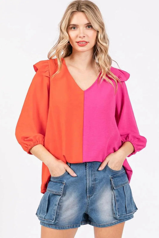 T-Shirts Trendsi usa - Ruffle Elegance Contrast Blouse