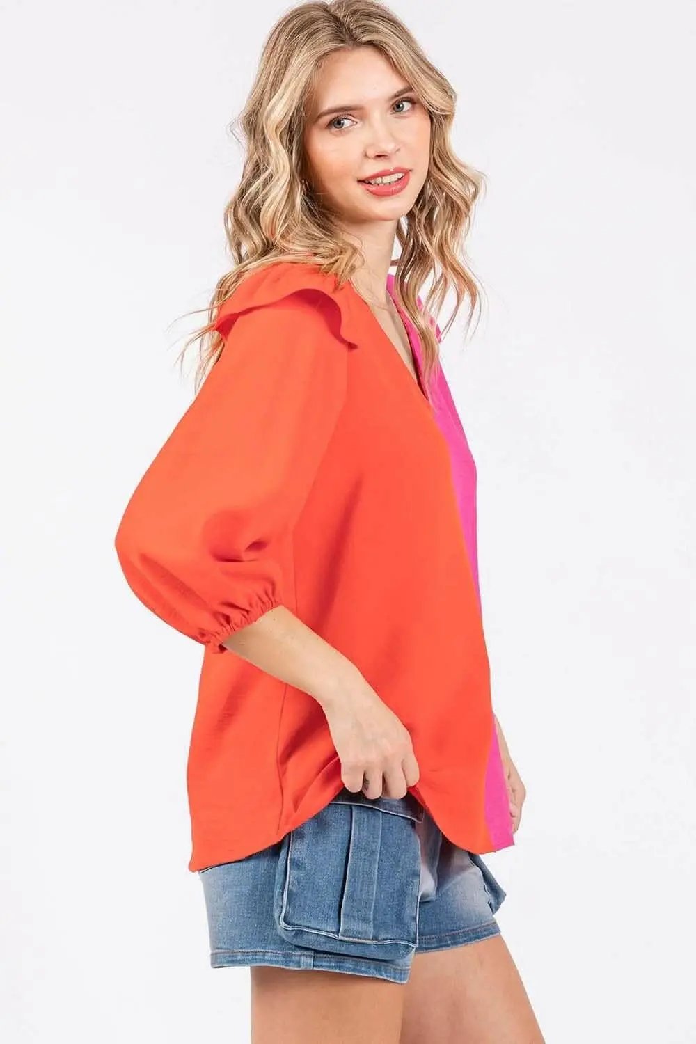 T-Shirts Trendsi usa - Ruffle Elegance Contrast Blouse