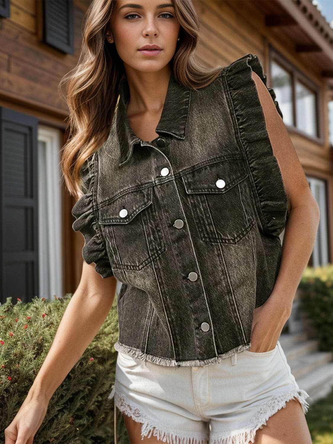 Pants Trendsi Jeans & Denim - Ruffled denim jacket with raw hem