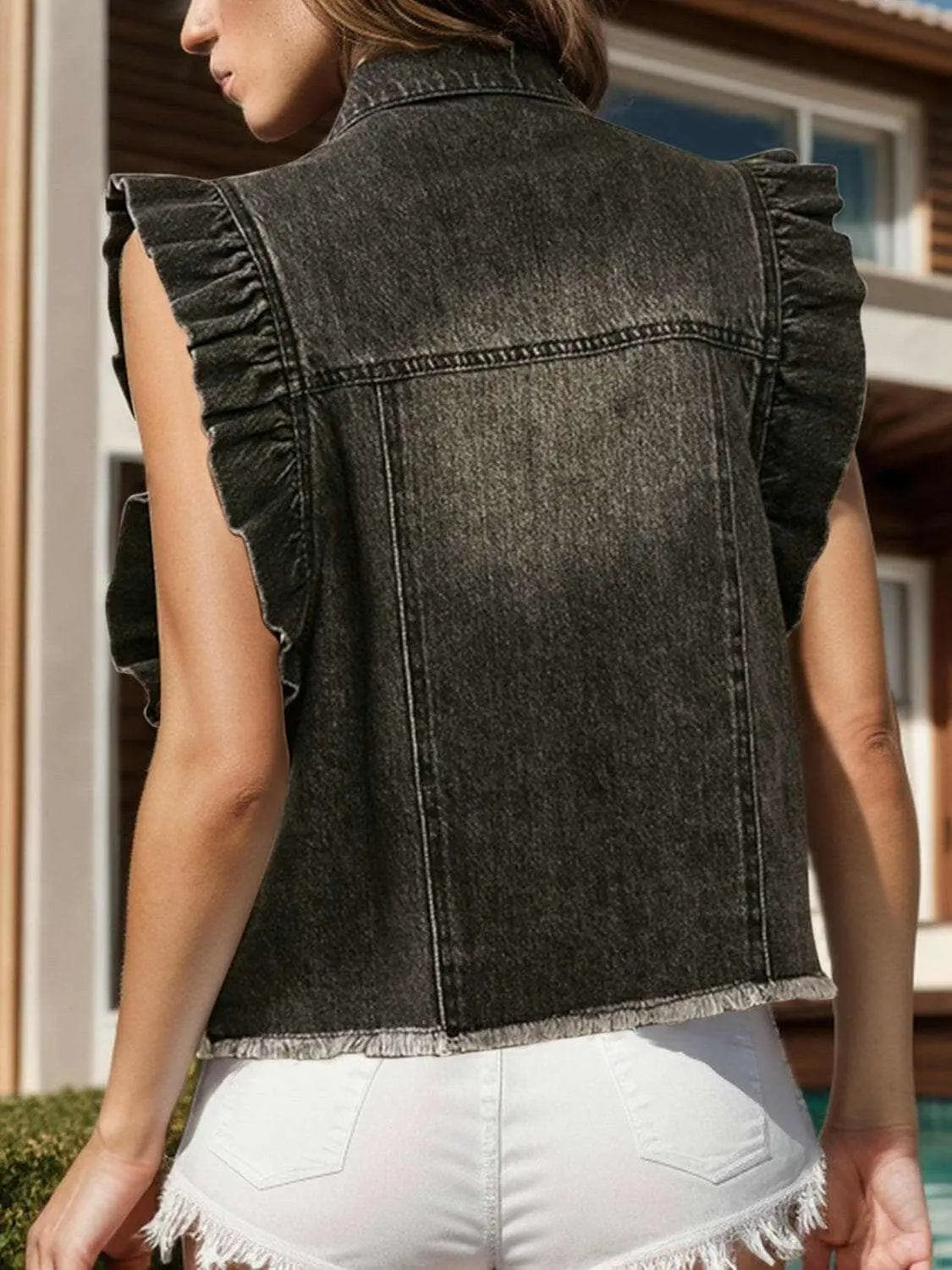 Pants Trendsi Jeans & Denim - Ruffled denim jacket with raw hem