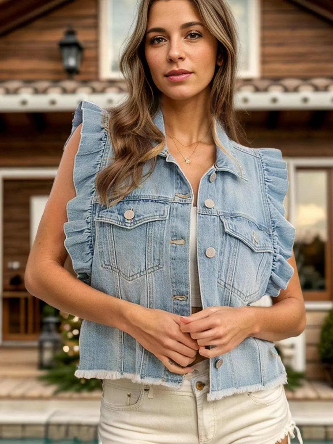 Pants Trendsi Jeans & Denim - Ruffled denim jacket with raw hem
