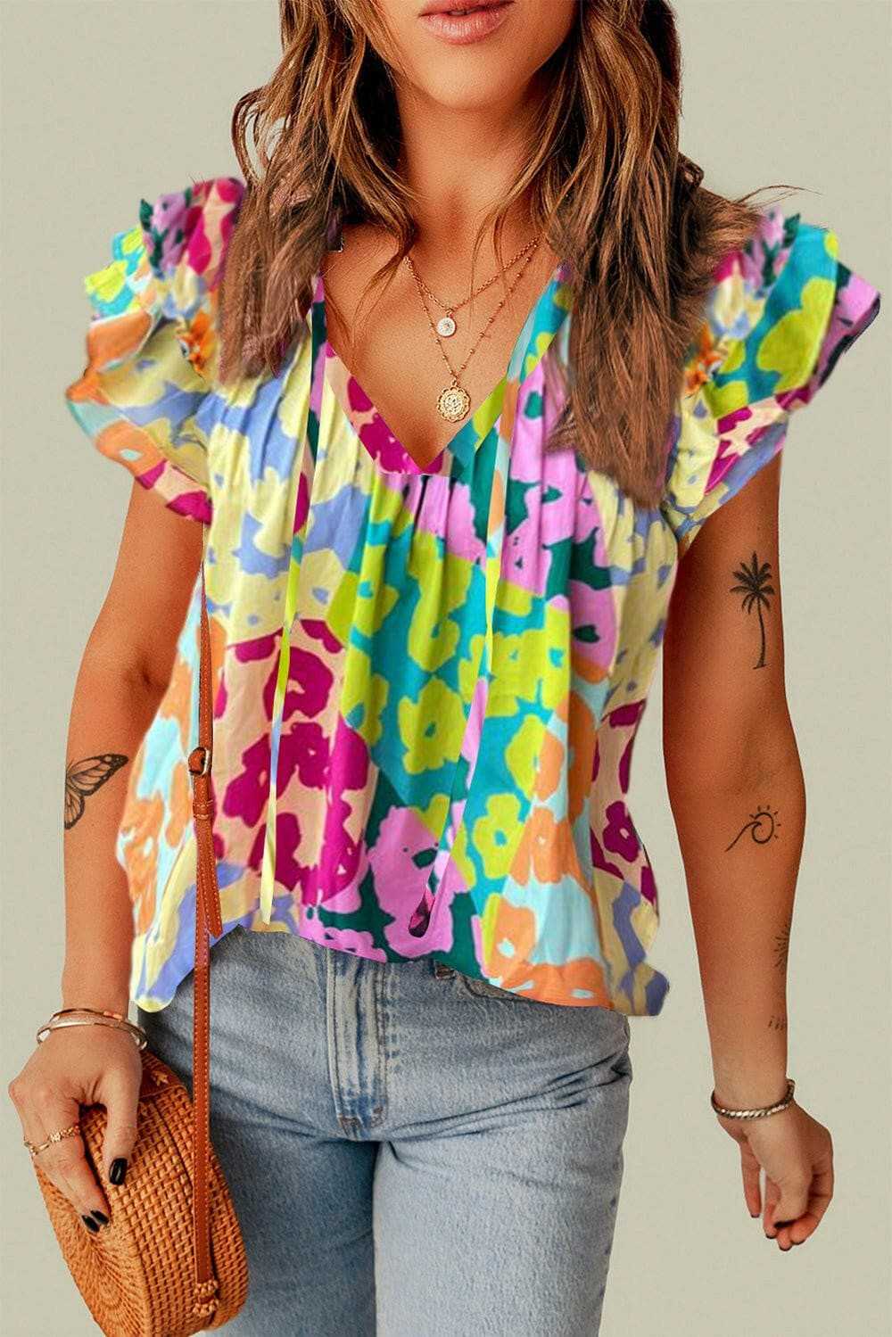 T-Shirts Trendsi just arrived - Ruffled sheer tie neck blouse