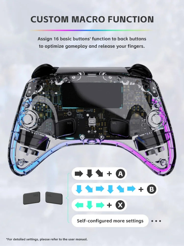 DATA FROG Transparent Wireless Gamepad RGB LED Gaming Controller With Audio Jack For Switch OLED PC Steam Deck Android Smartphon