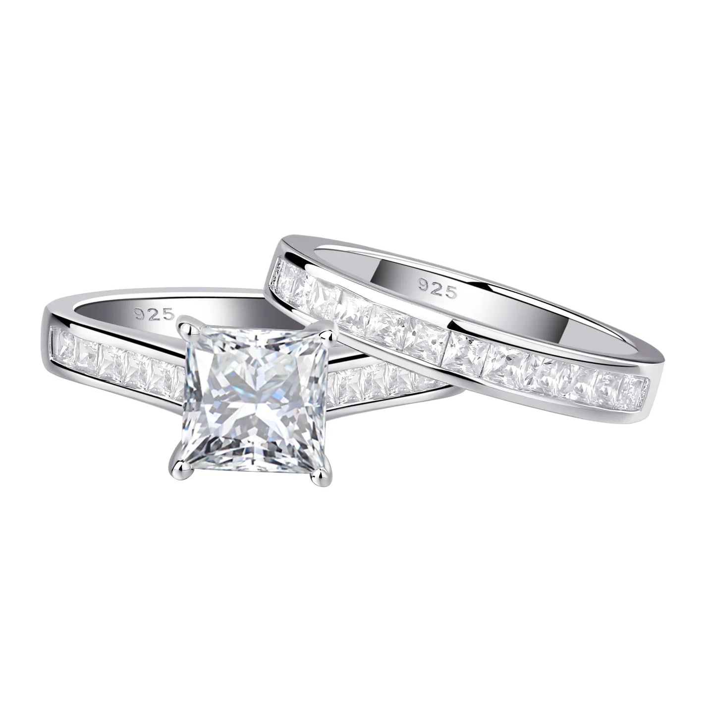 Newshe 2 Pcs GRA Certified Moissanite Princess Cut Wedding Rings Set for Women 925 Sterling Silver Engagement Ring Jewelry