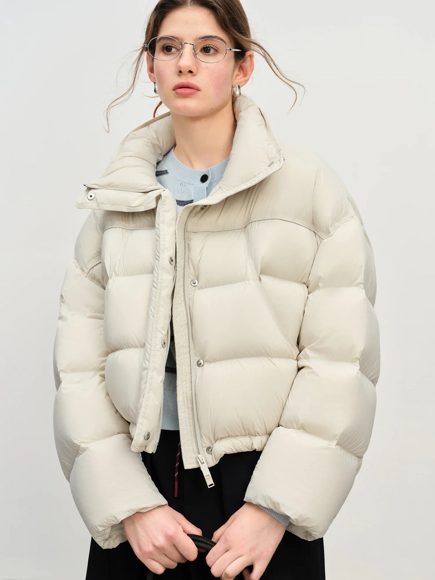 FSLE Winter 2025 Women Cloud-Like Puffer Coat - Stand Collar Short Down Jacket Lazy Chic Style Glossy Finish for Casual Comfort