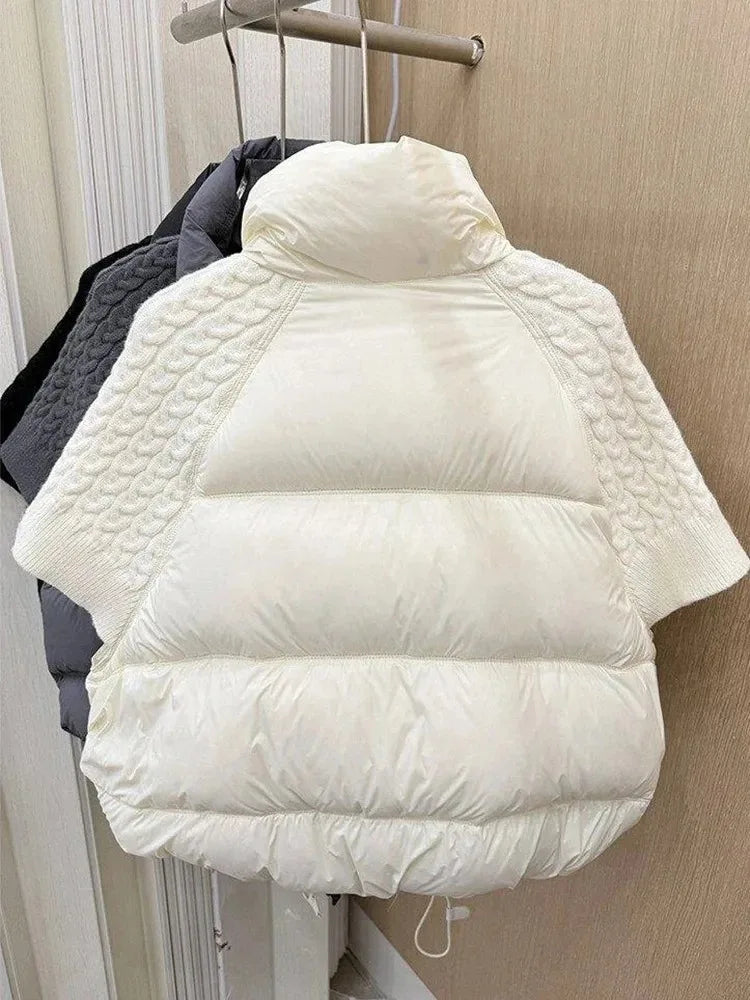 Short Puffer Jacket Sleeveless Duck Down Coat Warm Lightweight Patchwork Knitted Warm Drawstring Short Puffer Down Waistcoat