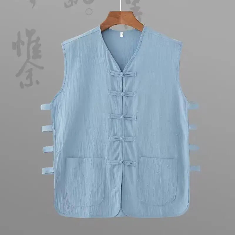 Chaleco Vintage para Hombre, Camisa de Algodón Lino, Chaleco de Kung Fu, Camiseta sin Mangas de Verano, Traje Tang, Ropa Tradicional China, Cárdigan Abierto sin Mangas