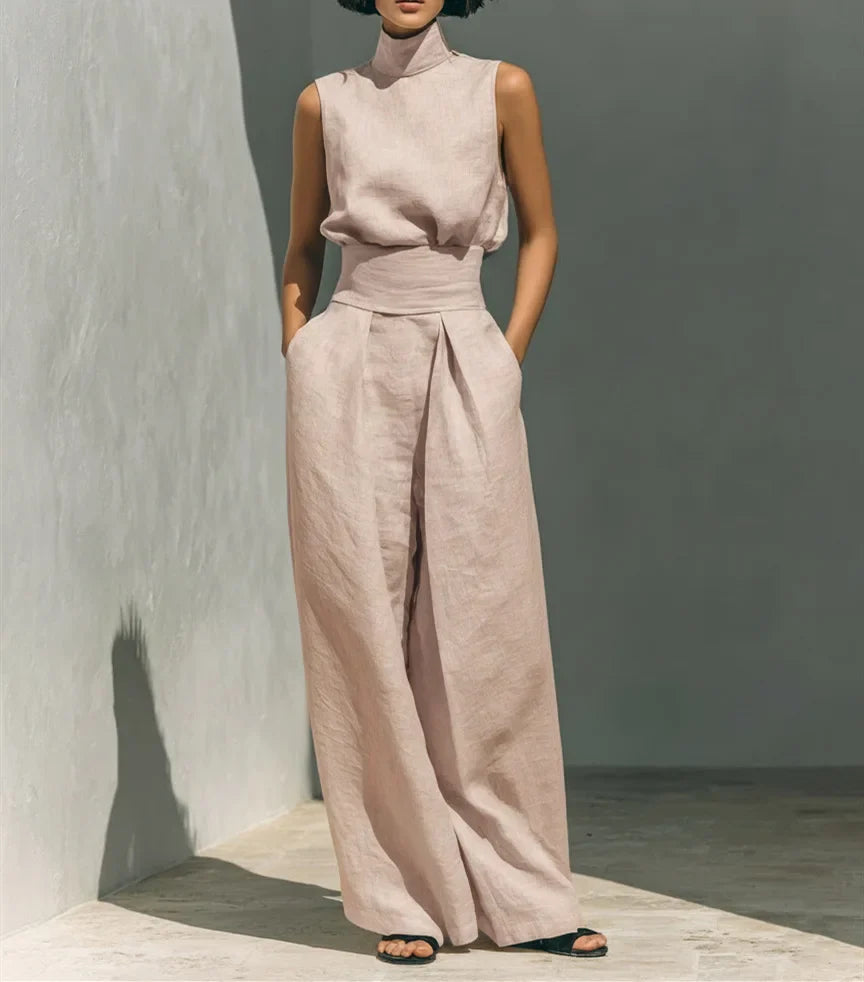 Women's Solid Color 2 Piece Set Sleeveless High Neck Top Back Keyhole High Waist Wide Leg Pants Casual Minimalist Summer Outfit