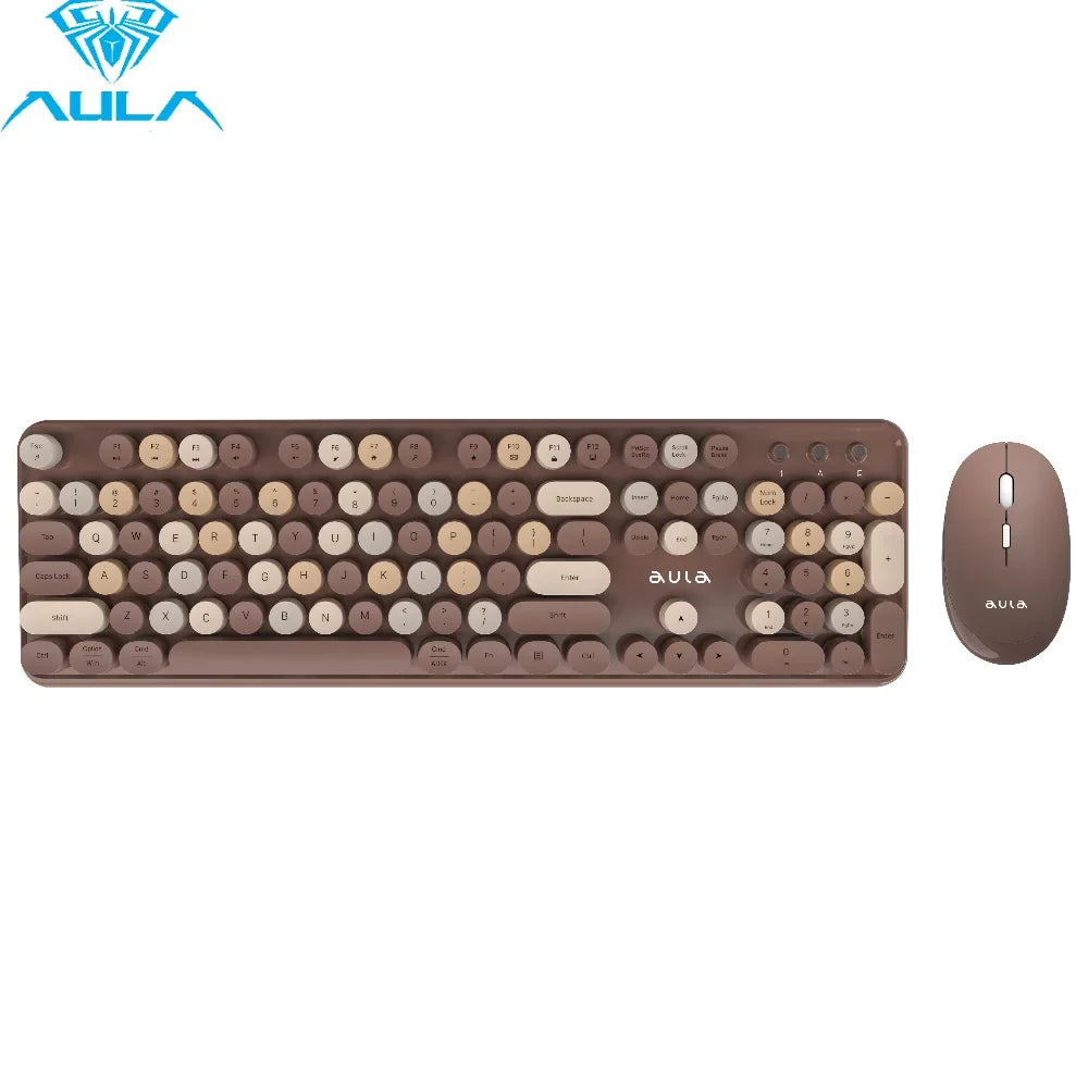AULA Wireless Keyboard Mouse Combo 104 Keys Retro Round Keycaps Silent Typing 2.4G Ergonomic Office Gaming Set for PC Laptop
