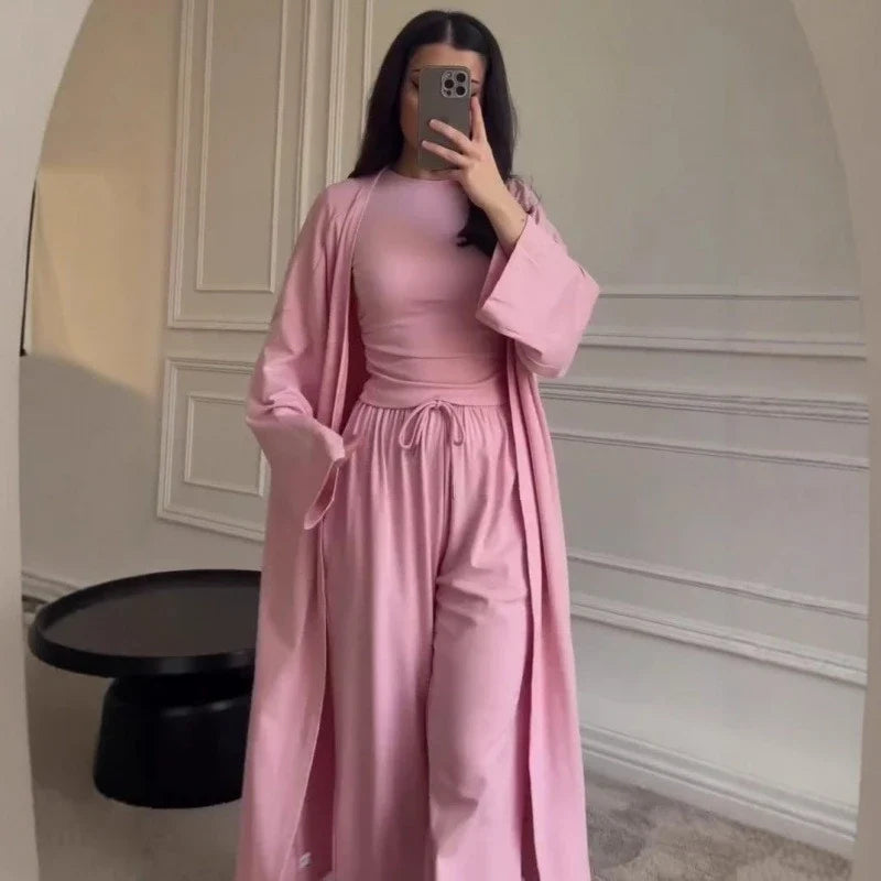 Pant Set Women Three Piece Sets Round Neck Short Sleeve Shirt Straight Pants Lace Up Long Robe Y2k Streetwear Work Casual 2026
