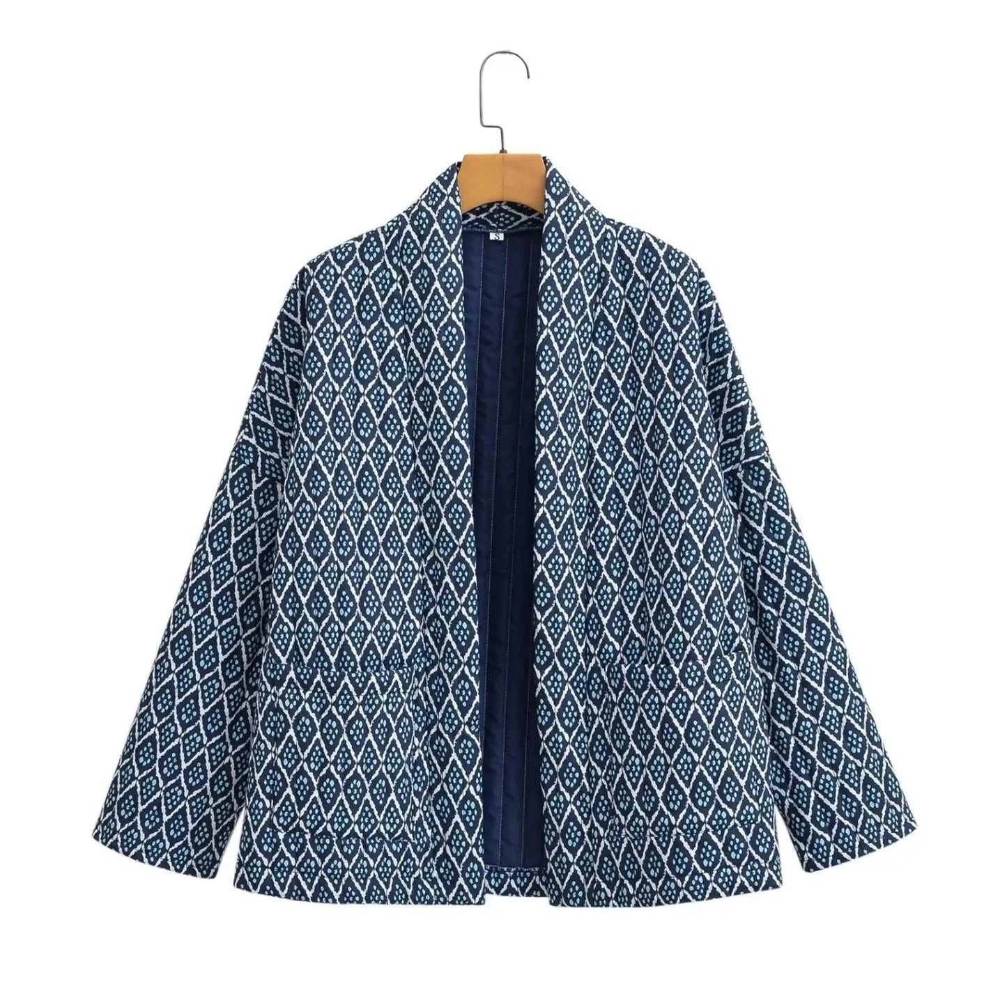 Autumn Winter Blue Geometric Plaid Print V Collar Quilted Coat Ethnic Women Long Sleeve Oversized Jackets Loose Outwear