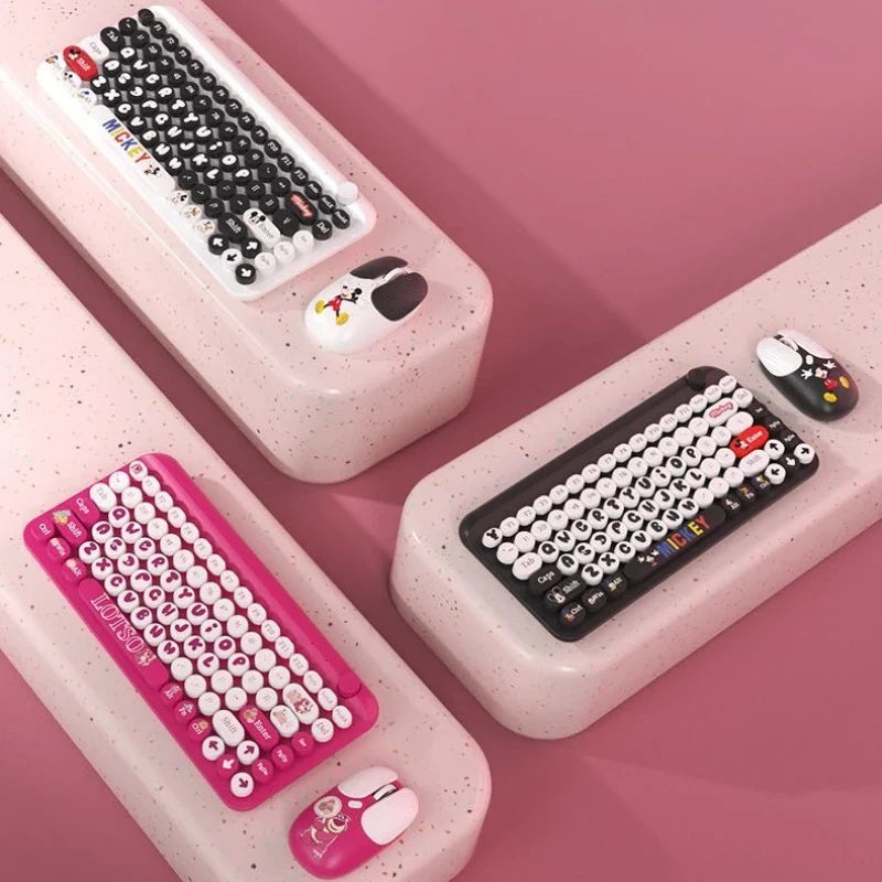 Mickey Bluetooth Wireless Keyboard and Mouse Set 84 Keys Cartoon Round Keycaps Mini Keyboard for Laptop Compute Gaming Office