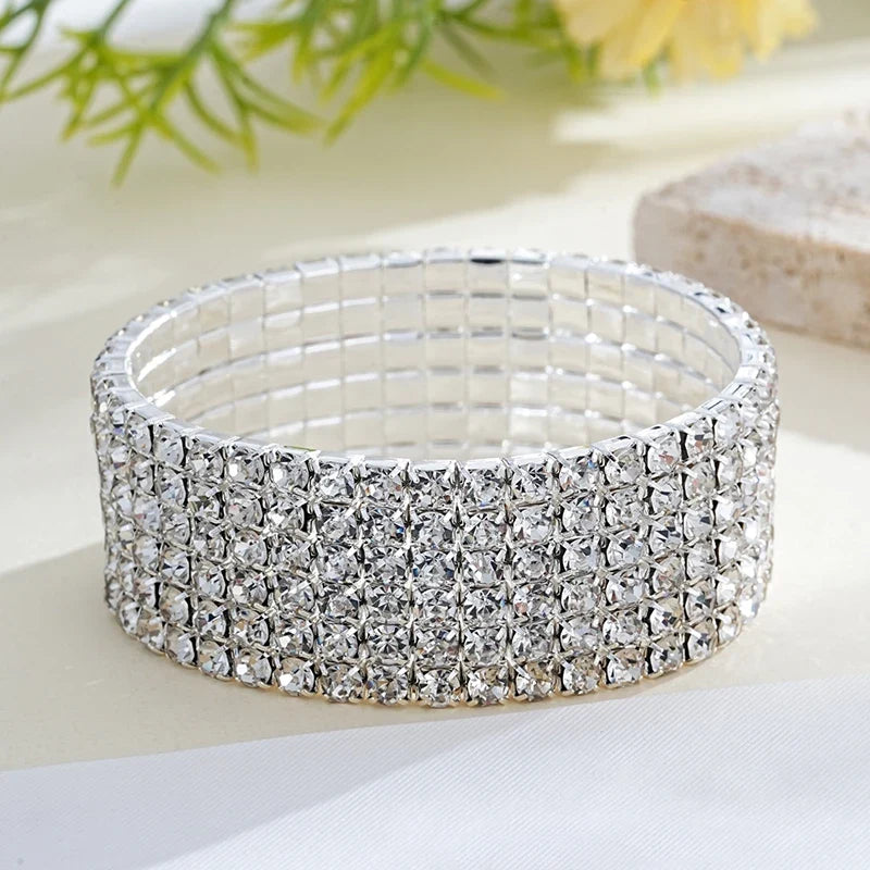 Classic Multiple Shining Rhinestone Crystal Stretch For Women Girls Bridal Wedding Wristband Elastic Bracelet Gold Silver Color