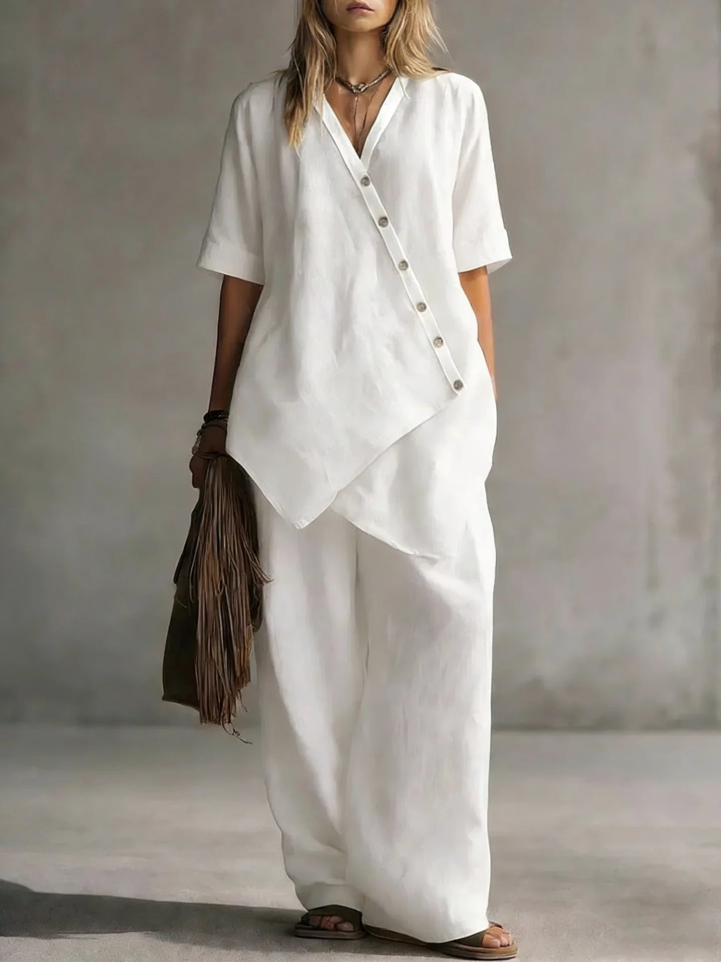 2026 Women's Fashion Casual Solid Color V-Neck Loose Short Sleeve Top and Cardigan with Long Pants Two-Piece Set